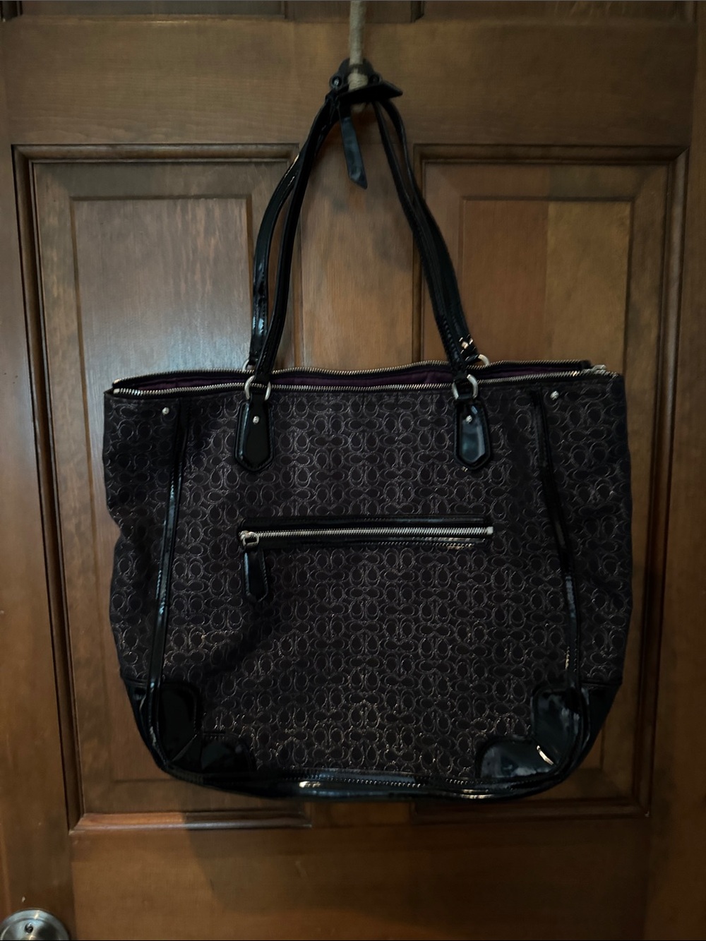 Coach Brown Signature Jacquard Tote with Black Patent Trim